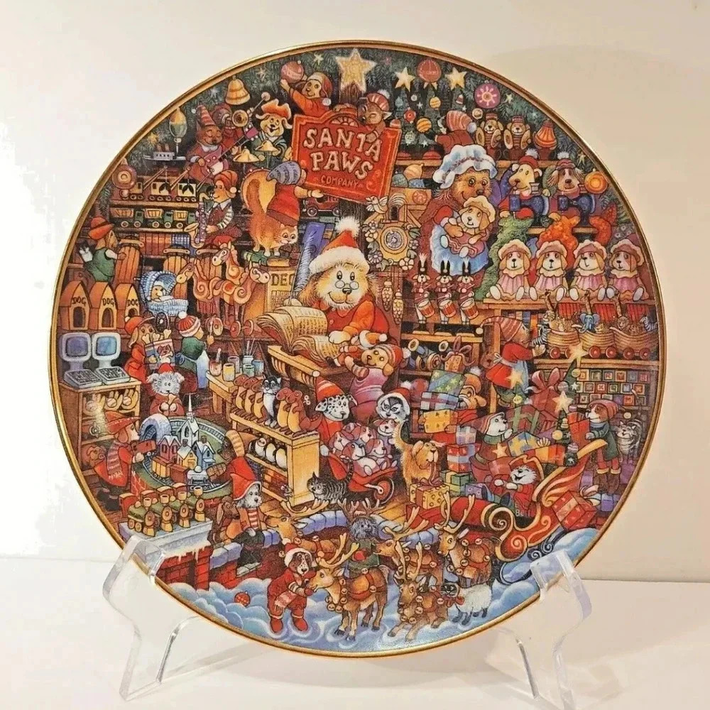 Vintage Christmas Holiday Dogs Puppies Decor Accent Art Plate Santa Workshop